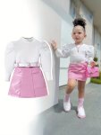 3PCS Sweet Girls Set Bubble Sleeve Cotton Top + Pu Leather Skirt + Belt Three-piece Set