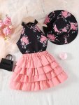 2PCS Trendy Elegant Girls Flower Graphic Sleeveless Halter Neck Top + Layered Skirt With Hat Set For Summer Gift