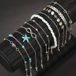 Bohemian Style 10-PIECE Anklets Set Fashion Beach Vacation Starfish Heart Star Plane Disc Faux Turquoise Decor Versatile For Bea