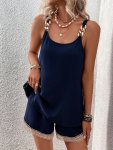 Contrast Lace Casual Shorts Set Chain Strap Scoop Neck Backless Tank Top & High Waist Shorts Outfits Women's Clothing