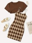 Elegant Argyle Plaid Dress Set Solid Color Short Sleeve Crop T-Shirt & Backless Slinky MINI Cami Dress Women's Clothing