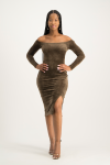Carmen Off Shoulder Velour Dress - Pinecone - S