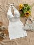 Women's Knit Crochet Hollow Beach Dress - Polyester Vacation Style Deep V Neck Rash Guard With Medium Stretch Solid Color Cover-Up For Spring/Summer/Fall