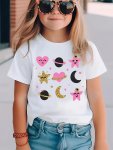 Star & Moon & Heart Graphic Print Creative T-shirts Soft & Elastic Comfy Crew Neck Short Sleeve Tee Suitable For Summer