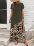 Leopard Print Splice Maxi Loose Dress Elegant Short Sleeve Crew Neck Color Block Dress Women's Clothing