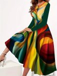 Colorful Geo Print Crew Neck Dress Elegant Long Sleeve Ankle Length Dress For Spring & Fall Women's Clothing