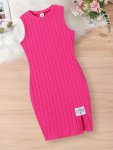 Girls Comfy Soli Ribbed Split Side Sleeveless Dress For Party Gift