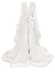 Molisa Womens Sexy Feather Bridal Robe Long Wedding Scarf Illusion Bathrobe Sleepwear Lingerie Robe Nightgown Ivory XXL
