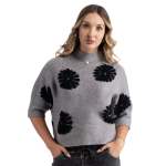 Flocked Flower Funnel Neck Knit Top - Grey Free