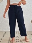 Plus Size Solid Color Paperbag Waist Pants Casual Tie Front Pants For Spring & Summer Women's Plus Size Clothing