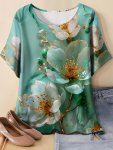 Plus Size Floral Print T-Shirt Casual Crew Neck Short Sleeve Top For Spring & Summer Women's Plus Size Clothing