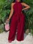Slaydiva Vacation High-neck Split Harem Jumpsuit With Pockets - E Burgundy Jumpsuitred Jumpsuit Womenholiday Jumpsuitred Jumpsuit