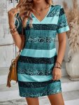 Striped V-neck Dress Casual Short Sleeve Dress For Spring & Summer Women's Clothing