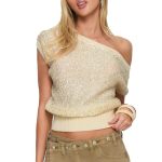 Sueer One Shoulder Sequin Sparkly Tops For Women Asymmetrical Batwing Sleeve Glitter Knit Pullover Party Clubwear Outfits Champa