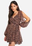 Leopard Chiffon Lace Back Puff Sleeve Wrap Skater Dress - Brown