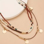 Bohemian Style Multi-layer Beaded Choker Necklace Fashionable Trendy Clavicle Chain With Various Beads And Golden Disc Decor