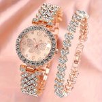 Elegant Women's Quartz Watch & Bracelet Set - Fashionable Rhinestone Butterfly Design Alloy Band Non-rechargeable Battery