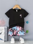 Boys Round Neck Short Sleeve T-Shirt Top & Shorts 2PCS Set Coconut Tree Print Sports Casual Kids Clothes