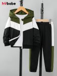 Boy's 2-PIECE Casual Co Ord Set Retro Style Color Block Long Sleeve Jacket And Jogger Pants Comfy Spring Fall Clothes