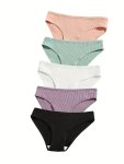 5PCS Solid Ribbed Bikini Panties Comfy & Breathable Stretchy Intimates Panties Women's Lingerie & Underwear