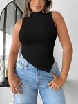 Solid Color Mock Neck Tank Top Casual Sleeveless Asymmetrical Hem Top For Spring & Summer Women's Clothing