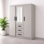Modern 3 Door Wardrobe With Drawers - Mirror & Lock - Light Grey