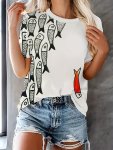 Fish Print Crew Neck T-Shirt Casual Short Sleeve T-Shirt For Spring & Summer Women's Clothing