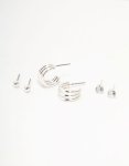 Silver Diamante Triple Hoop Stud Earrings 3-PACK