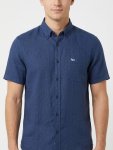 Mens Straight Fit Pure Linen Short Sleeve Shirt In Dark Blue