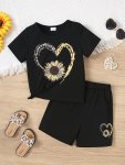 Trendy 1 Set Girl's Sunflower Heart Graphic Tee + Shorts Co-ords Set Comfy & Fashion Girls Spring Summer Outfit