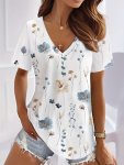 Floral Print V-neck T-Shirt Short Sleeve Casual Top For Summer & Spring Women's Clothing