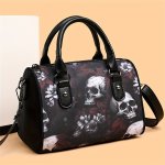 Skull Flower Pattern Handbag Gothic Boston Shoulder Bag Halloween Crossbody Bag For Women