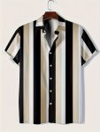 Men's Casual Button Up Lapel Collar Striped Shirt Men's Classic Short Sleeve Shirt For Summer Vacation And Casual Wear
