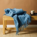 Woollen Blend Blanket Throw Denim Blue