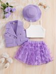 Girl's 4PCS Vest & Camisole & Hat & Elastic Waist Skirt Set Butterfly Mesh Decor Cute Trendy Outfits Kids Clothes For Summer