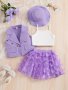 Girl's 4PCS Vest & Camisole & Hat & Elastic Waist Skirt Set Butterfly Mesh Decor Cute Trendy Outfits Kids Clothes For Summer