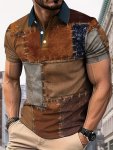 Men's Patchwork Patterns Retro Print Summer Short Sleeve Lapel T-Shirt Casual Comfy Top As Gift