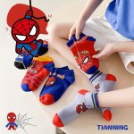 5 Pairs Cartoon Spider Hero Pattern Boy's Short Crew Socks Breathable Comfy Casual Socks Sweat-absorbing Fashion Socks