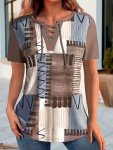 Geo Print Cross Lace Up T-Shirt Casual Short Sleeve Top For Spring & Summer Women's Clothing