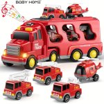 Babyhome Toddler Fire Engine Toys For Boys Girls - 5-IN-1 Carrier Truck Transport Cars Firefighter Vehicles For Kids As Christma