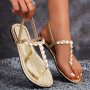 Women's Solid Color Thong Sandals Rhinestone Decor Lightweight Flat Summer Shoes Elastic Ankle Strap Vacation Shies