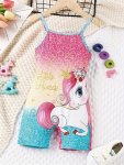 Gradient Sequin Graphic Unicorn Print Cami Jumpsuit Cute Sweet Romper For Summer Gift