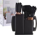 19-PIECE Black Silicone Kitchen Utensil Set With Wooden Handles Cutting Board & Holder Complete Heat-resistant Cooking Tool Set