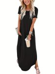 Solid Color Crew Neck Loose Dress Versatile Curved Hem Maxi Dress For Spring & Summer Women's Clothing