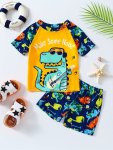 2PCS Cartoon Dinosaur Rocker Playing Guitar Pattern Swimsuit For Boys T-Shirt & Swim Trunks Set Stretchy Surfing Suit Boys Swimw