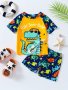 2PCS Cartoon Dinosaur Rocker Playing Guitar Pattern Swimsuit For Boys T-Shirt & Swim Trunks Set Stretchy Surfing Suit Boys Swimwear For Summer Beach Vacation