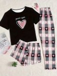 Heart Print Lounge Set Short Sleeve Crew Neck Top & Elastic Waistband Shorts & Plaid Pants Women's Loungewear & Sleepwear