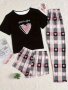 Heart Print Lounge Set Short Sleeve Crew Neck Top & Elastic Waistband Shorts & Plaid Pants Women's Loungewear & Sleepwear
