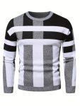 Men's Color Block Round Neck Sweater Trendy Stretch Warm Pullover For Winter Outdoor