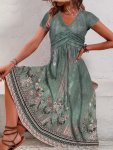Floral Print V Neck Dress Elegant Short Sleeve Cross A-line Dress For Spring & Summer Women's Clothing